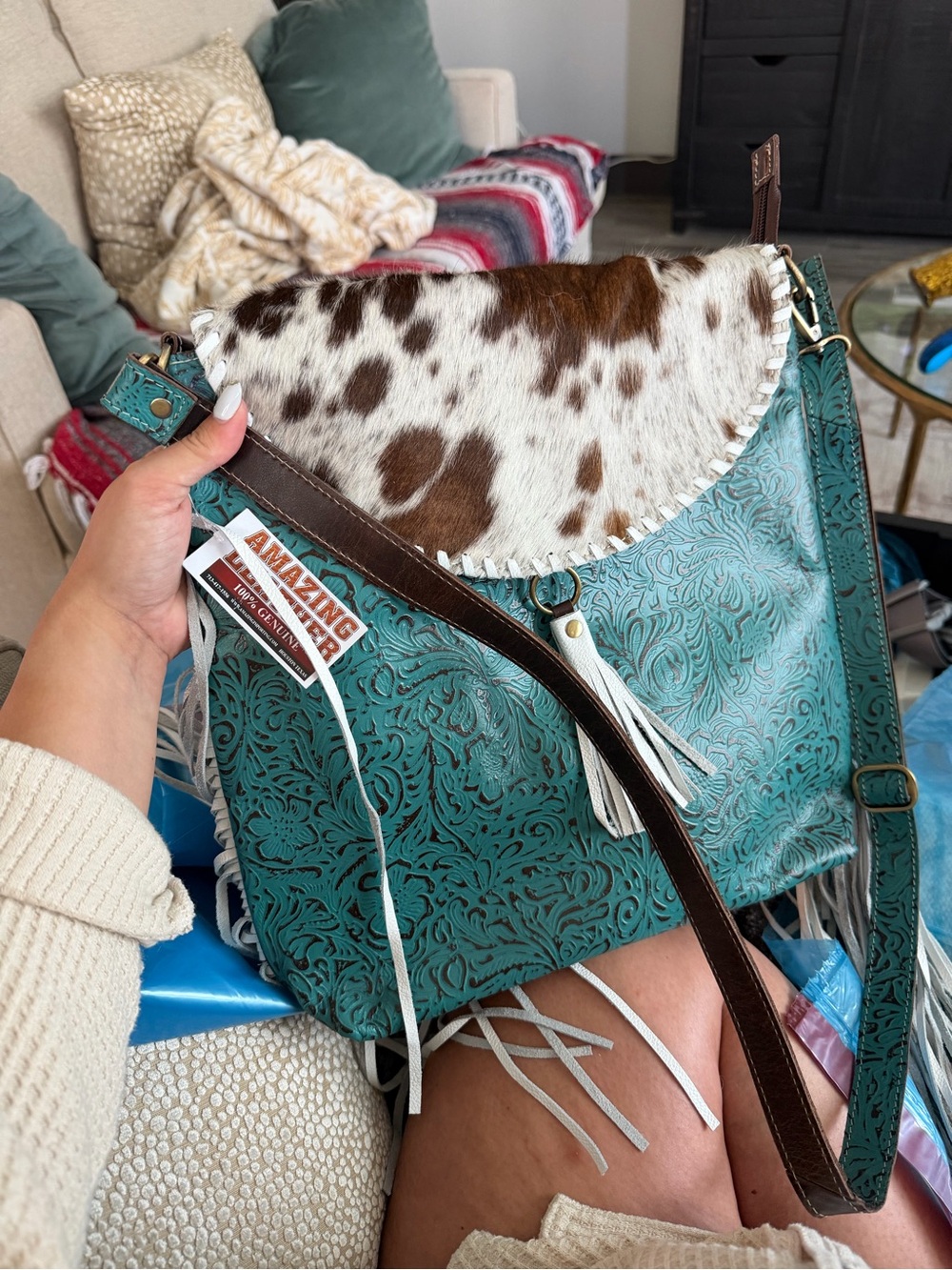 Genuine Leather and Turquoise Cowhide Bag